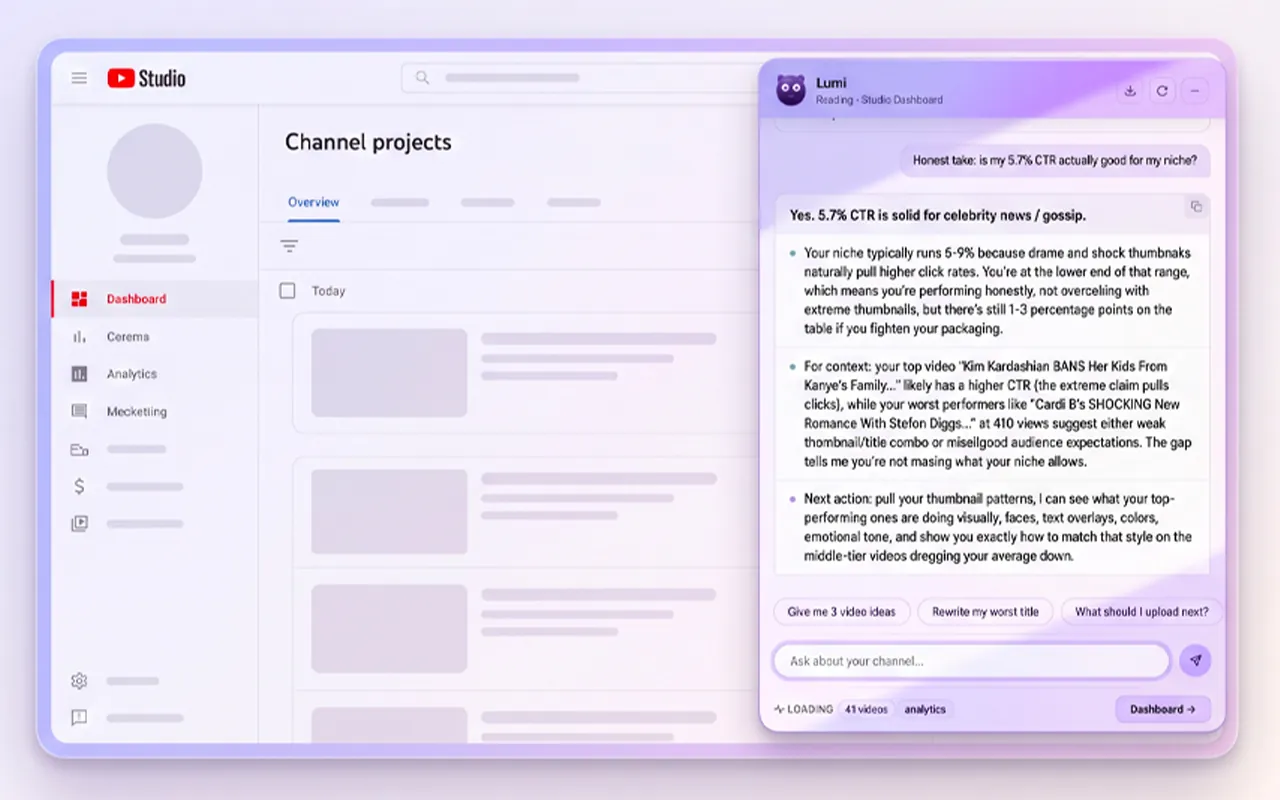 Lumi panel in YouTube Studio